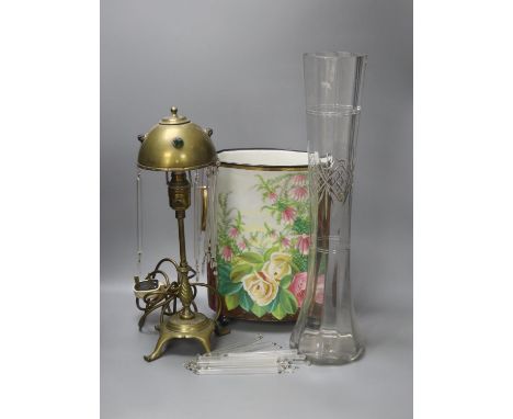 A brass and glass table lamp, a Continental floral painted porcelain vase and a cut glass vase 50cm