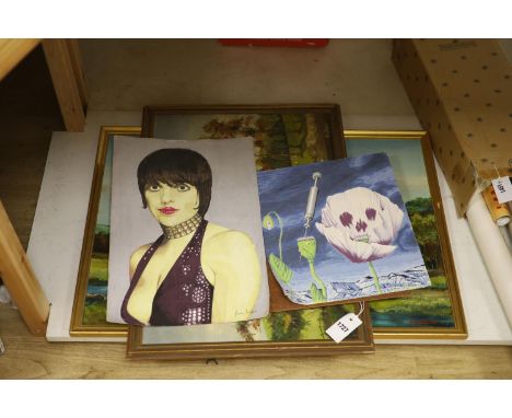 Harry 'Boy' Roberts, two gouaches, Portrait and Poppy study, both unframed, 48 x 32cm and 35  x 32cm and three oil landscapes
