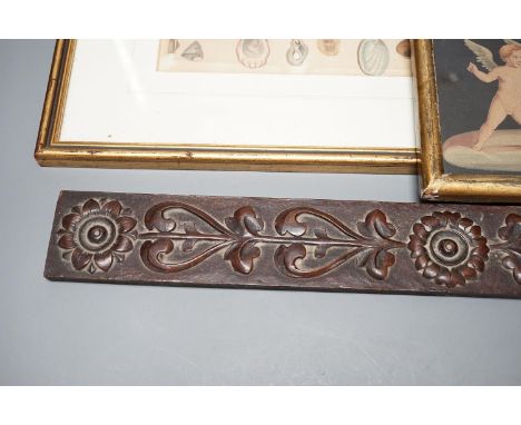 A pair of Aesthetic period relief carved mahogany panels with stylised floral designs, 43 x 5cm, a neo-classical print of che