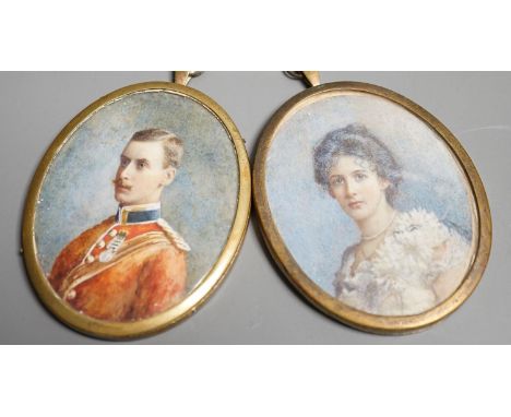 Two Edwardian portrait miniatures on ivory, one of a lady, the other an officer, height 8cm