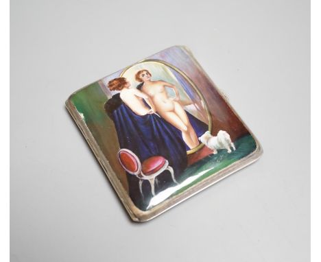 A Continental silver plated cigarette case, early 20th century, lid with erotic enamel scene of naked lady standing in front 