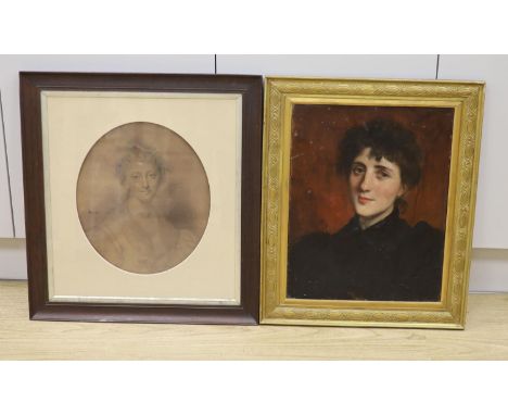 English School c.1910, oil on canvas, Portrait of a young woman, 47 x 37cm and Victorian School, pencil heightened with chalk