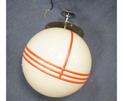 An Art Deco style chrome and cream globular shaded ceiling light with orange trailed decoration, probably 1930s