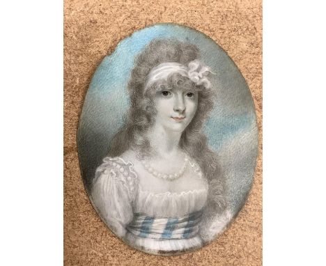 Attributed Richard Cosway R.A. (1742-1821); A portrait miniature on ivory of a lady, 7.7 cm x 6 and a pair of early 19th cent