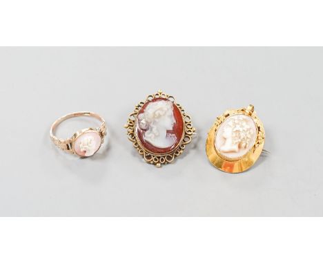 Two yellow metal and cameo set oval brooches, shell and hardstone cameo brooches and a 9ct cameo ring,gross weight 11.1 grams