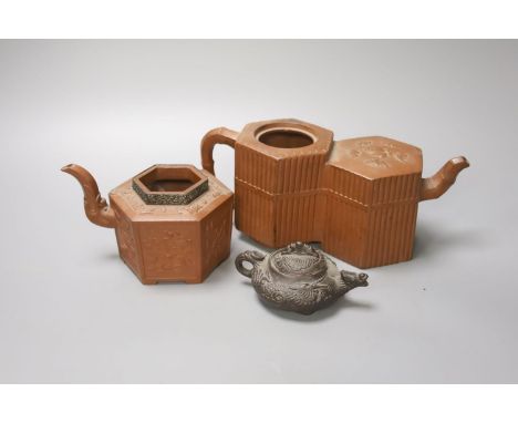 Two 19th century Chinese Yixing teapots (no covers) and a later Yixing miniature teapot