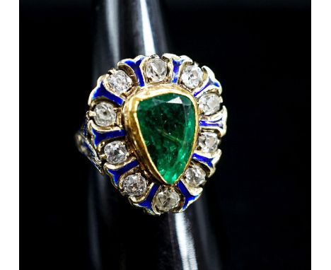 A 14k, emerald, diamond and enamel set pear shaped cluster ring, size Q, gross weight 8.3 grams.