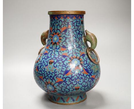 A Chinese cloisonné enamel two handled vase, late Qing dynasty, height 26cm, engraved four character mark to base