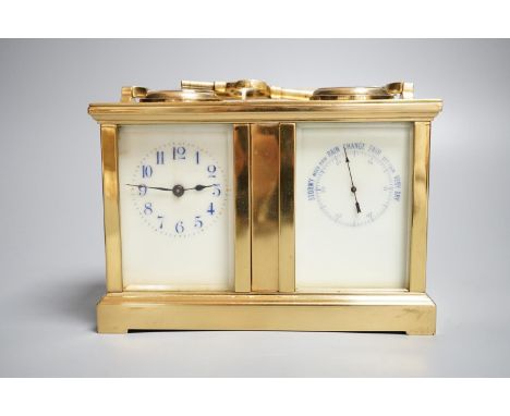 A late 19th century French brass cased eight day timepiece, combined barometer/compass, heighg 11cm