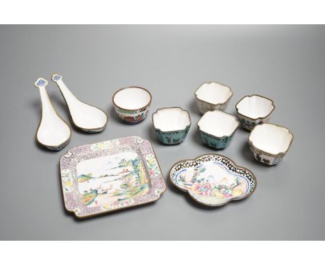 Nine pieces of Chinese Canton enamel wares, Qianlong period, including two enamel dishes, two rice spoons, and six various cu
