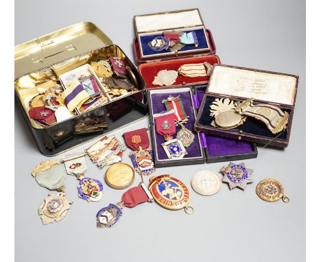 A collection of silver or gilt metal and enamel Masonic medals