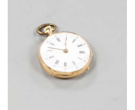 A continental 18k and enamelled open face keyless fob watch, decorated with a young boy hunting, case diameter 30mm,gross wei
