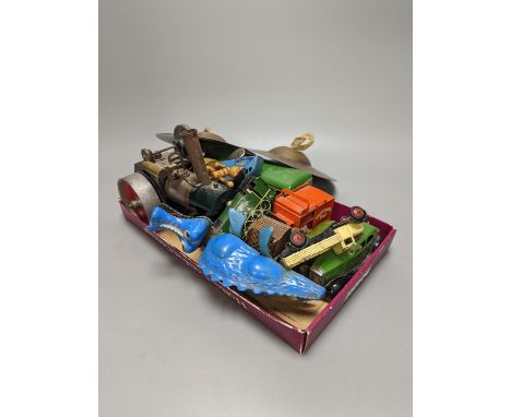 A quantity of mixed toy cars including Dinky and a steam engine
