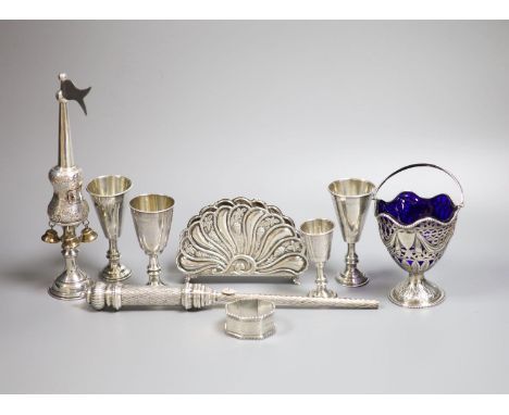 Four George V silver kiddush cups, largest 10.9cm, two other Judaic items,  a 925 letter rack, silver napkin ring and Edwardi