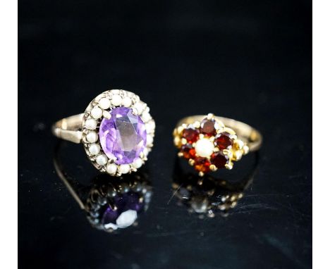 A 9ct garnet and cultured pearl ring and a 9ct gold amethyst and seed pearl mounted ring, gross 9.4 grams.