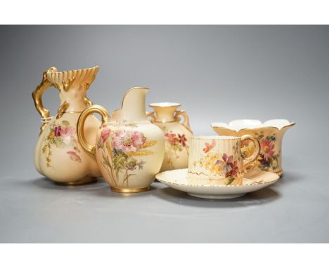 Royal Worcester blush ivory - 2 jugs, tallest 13.3 cm, two vases and a cup and saucer