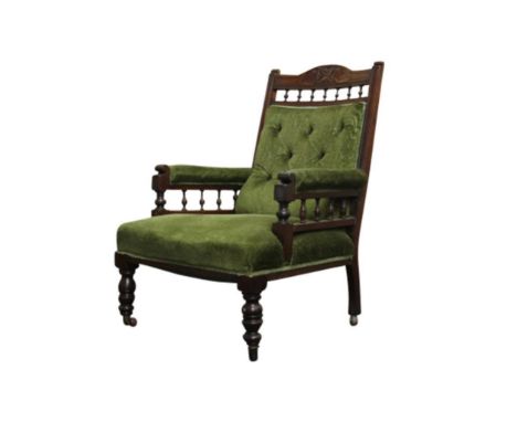the button upholstered back above a plain seat with open padded arms, all raised on turned supports, 65cm wide