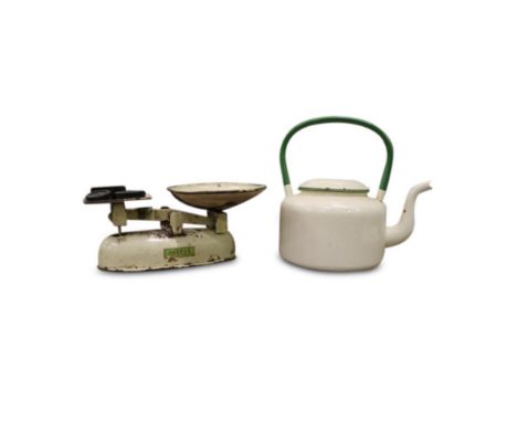 complete with weights and bowl, together with an enamel kettle