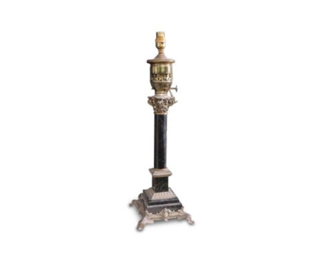 the lamp holder supported by a Corinthian column on a stepped base leading to foliate feet, adapted for electricity