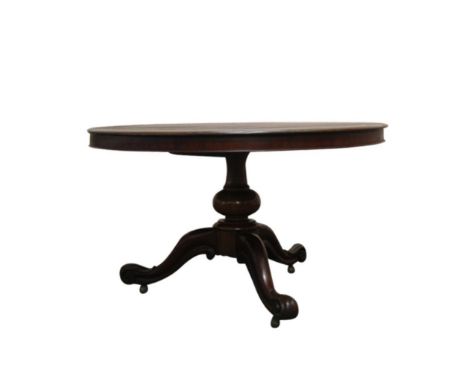 &nbsp;this circular top above a turned pod, on a tripod base scrolling legs, terminating in casters, 130cm wide