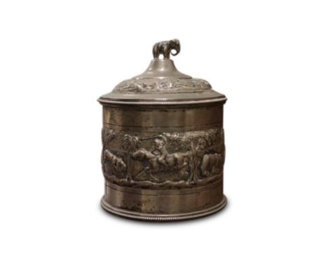 embossed with hunting scenes, complete with lid opening to reveal a gilt interior