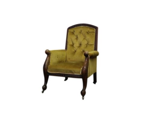 &nbsp;the shape button back with strolling arms raised on cabriole legs, with metal casters, 67cm wide