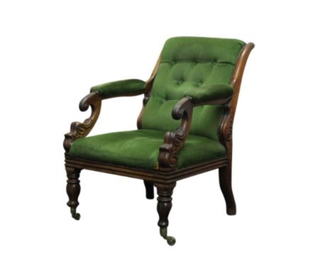 the green button upholstered back supported by scrolling arms above a plain seat, all raised on turned legs, 65cm wide