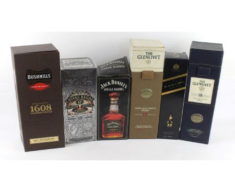 A Mixed Lot of 6 bottles of fine malt, Premium Blended Scotch and, Irish Whisky and Jack Daniels Comprising 1 bottle The Glen