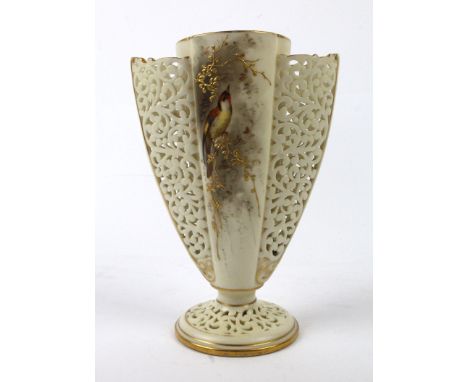 A Chamberlain & Co Worcester hand painted reticulated vaseThe centre cylindrical body decorated with a bird and gilt foliate,