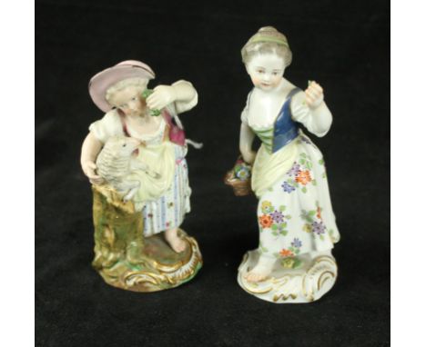 Two 19th Century Meissen figuresThe first of a young girl holding a basket of flowers, the second feeding a lamb, largest hei