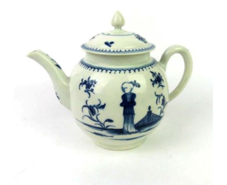 An 18th Century Worcester blue and white teapotDepicting an Oriental figure in landscape, blue crescent mark to base, height 