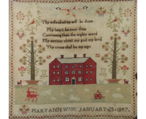 A 19th Century tapestry samplerWith poem and image of house in landscape scene, by Mary Ann Wroe, dated January 28 1847, inse