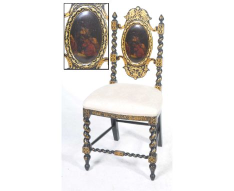 An early Victorian ebonised and painted Papier Mache bedroom chair by Jennens & BettridgeThe delicate chair with barley twist