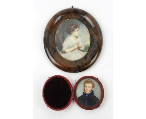 Penel hand painted portrait miniatureDepicting a seated young girl in landscape setting, inset within faux tortoiseshell fram