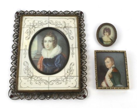 A hand painted portrait miniatureDepicting a seated lady, inset within ivory and gilt metal frame with jeweled decoration, to