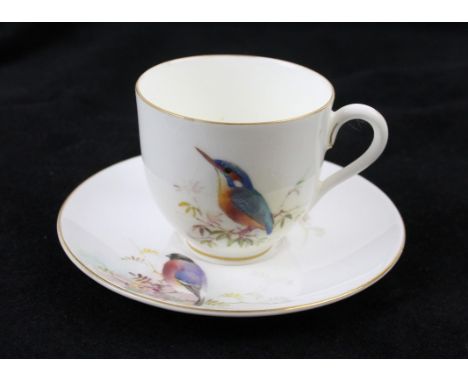 A Royal Worcester hand painted cup and saucerDecorated with a kingfisher and further bird, signed W. Powell, puce factory mar