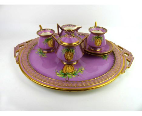 A 19th Century Coalport hand painted bachelor tea serviceComprising two handled tray, twin handled sugar bowl and cover, milk