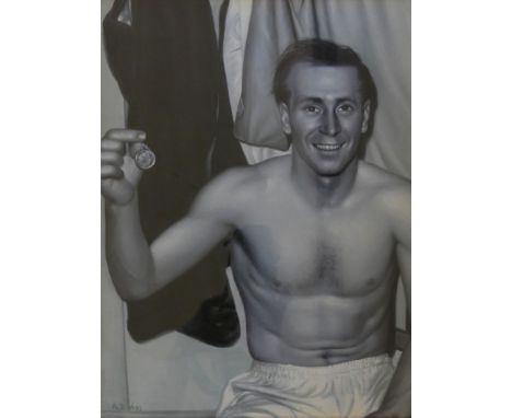 A. D. Yates (British, Contemporary) - Portrait study of Bobby CharltonOil, 40x29cm.