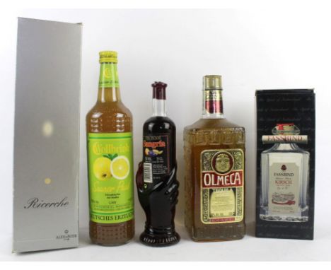 5 bottles mixed lot  Grappa and LiqueursComprising 1 x 50cl Grappa di Prosecco 1996 (boxed), 1 x 50cl stoppered decanter Fass