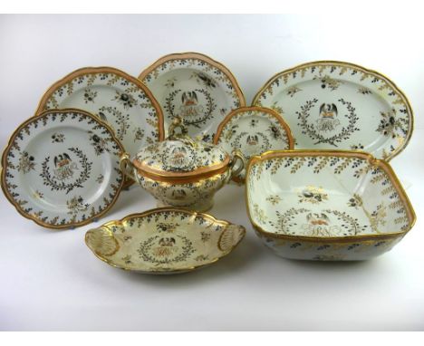 A 19th Century Chamberlain Worcester armorial hand painted twenty seven piece diner serviceEach decorated with gilt and black