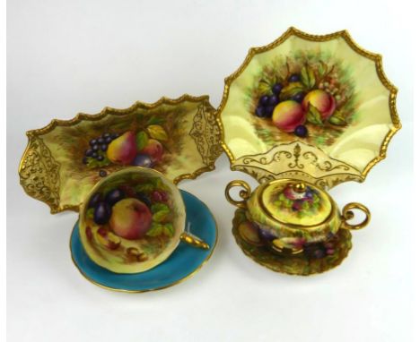 Five pieces of Aynsley bone china hand painted itemsEach decorated with fruit and by D. Jones, comprising cup and saucer, rec