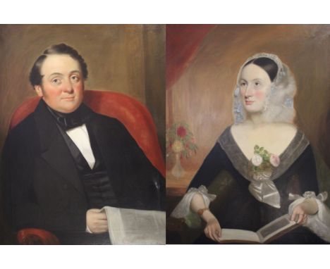 A pair of 19th Century portraits of a gentleman and ladyThe gentleman dressed in black frock coat with black scarf holding a 