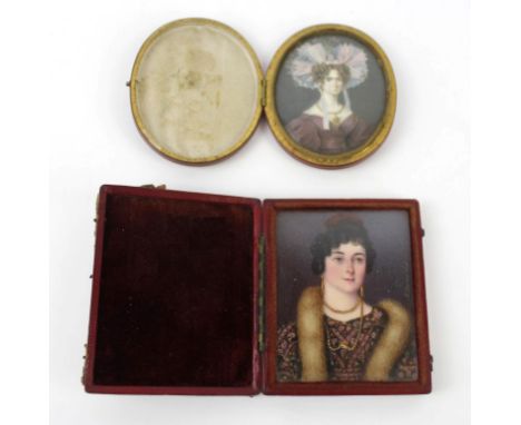 Two 19th Century hand painted portrait miniaturesTo include a lady wearing a fur stole wearing a gold chain, P. Liarnard A, i