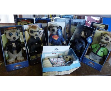Collection of Yakov's Toy Shop meerkat figures, 11 plus Meerpup "oleg", all boxed with COA's, and including Superman Sergei a