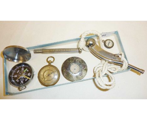 Serpentine desk compass, Bosun's whistle, Kaimit Potash advertising pencil case, gold filled pocket watch, other compasses, e