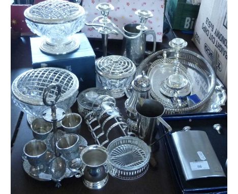 Assorted silver plate inc. egg cup stand, toast rack, trays, candelabra etc, and a pewter hip flask set (boxed)