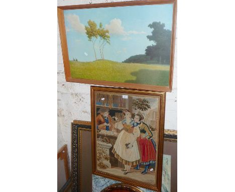 Victorian tapestry of figures together with a coloured print titled verso "Whispering Breeze" 