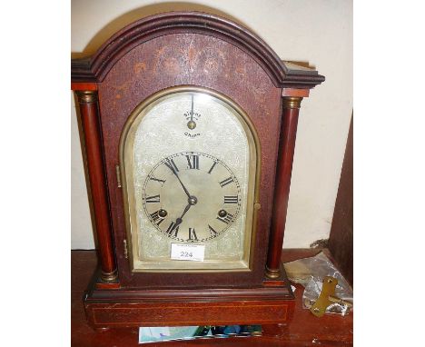 Edwardian inlaid mahogany arch topped Bracket-Type mantle clock, the movement striking on a gong, 35cm high