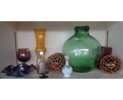 Green glass carboy, three glass fishing net floats and other glassware