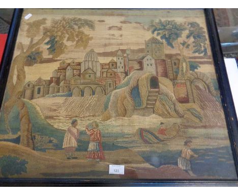 19thc naive tapestry picture of a castle with figures 24" x 28"